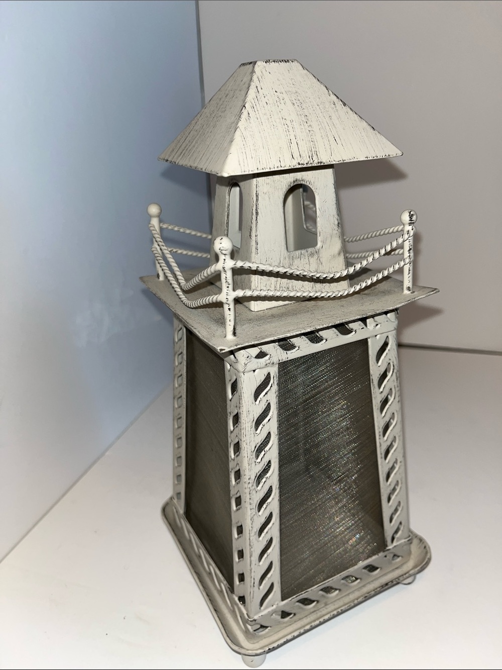 Distressed White Lighthouse-Style Decorative Candle Holder
